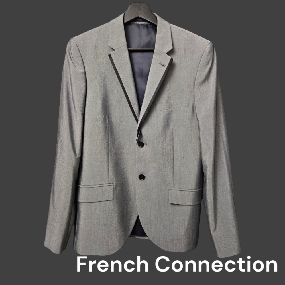 French Connection Men's Suit Jacket GUC Size 36R Grey With Black Bordered Lapels